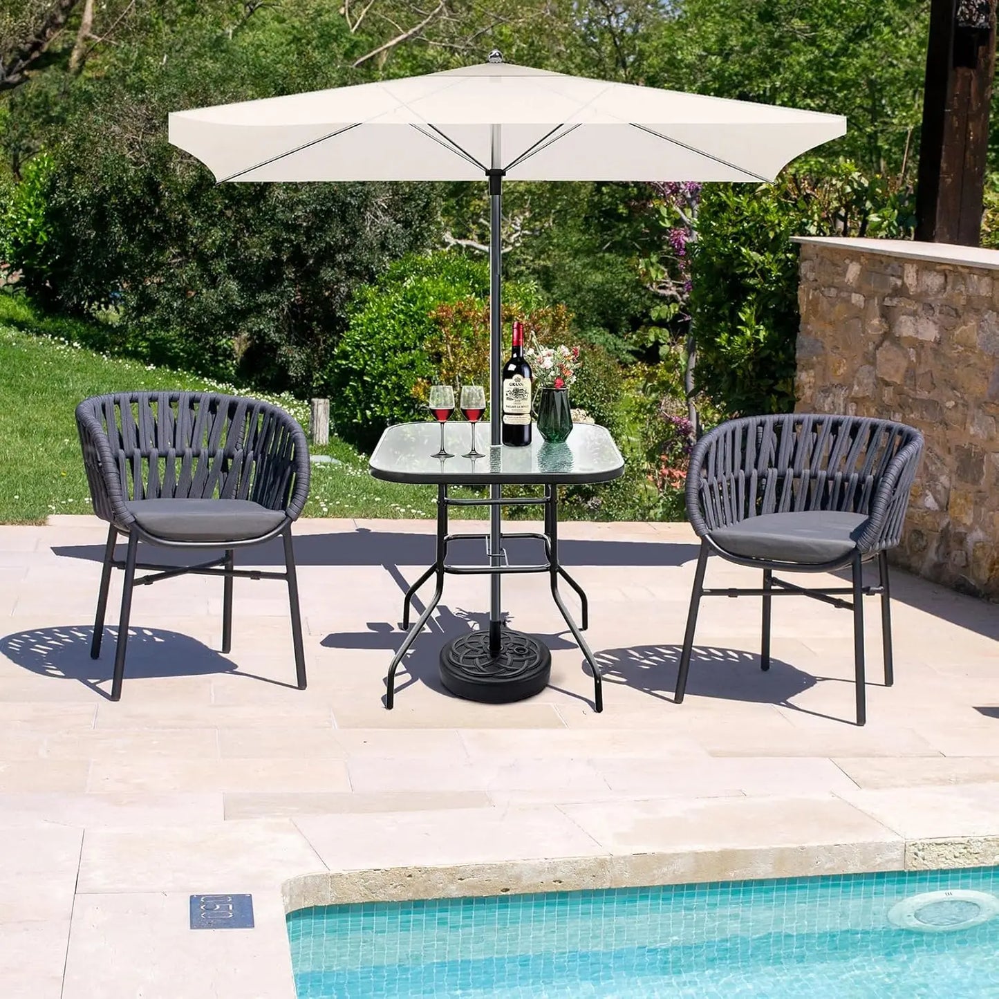 Glass Patio with Umbrella Hole, 32" Square Outdoor Dining Steel Tempered Glass Patio Table Outdoor