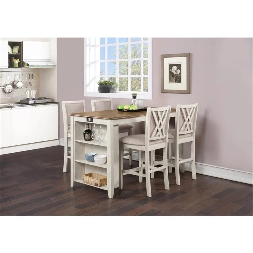 Farmhouse Kitchen Counter Island Dining Table for 4 with Storage Shelf & USB Chargers