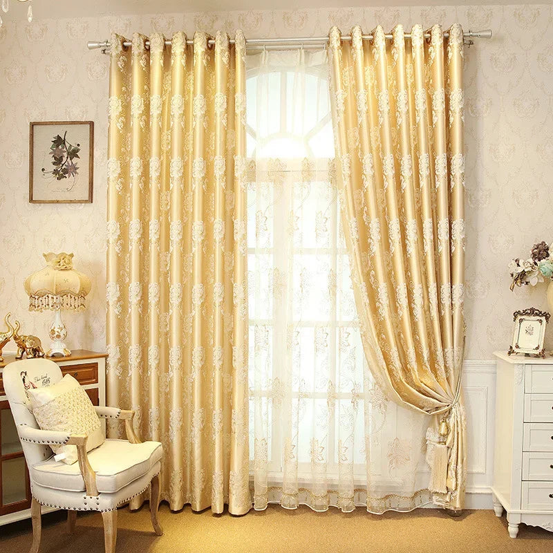 Encrypted Gold Jacquard European Style Curtain Fabric Curtains for Living Dining Room Bedroom