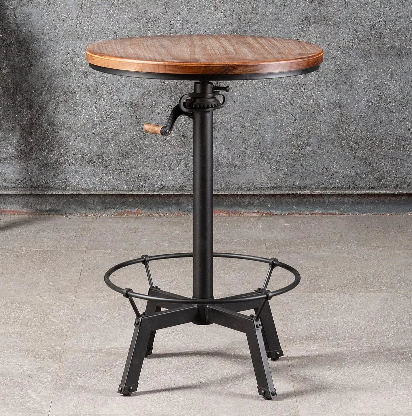 33.5-39.4 Inch Tall Industrial Bar Table-Adjustable Bar Height Bistro Whiskey Pub Table-23.7" Dia Swivel Round Wood Top Metal
