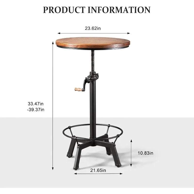 33.5-39.4 Inch Tall Industrial Bar Table-Adjustable Bar Height Bistro Whiskey Pub Table-23.7" Dia Swivel Round Wood Top Metal