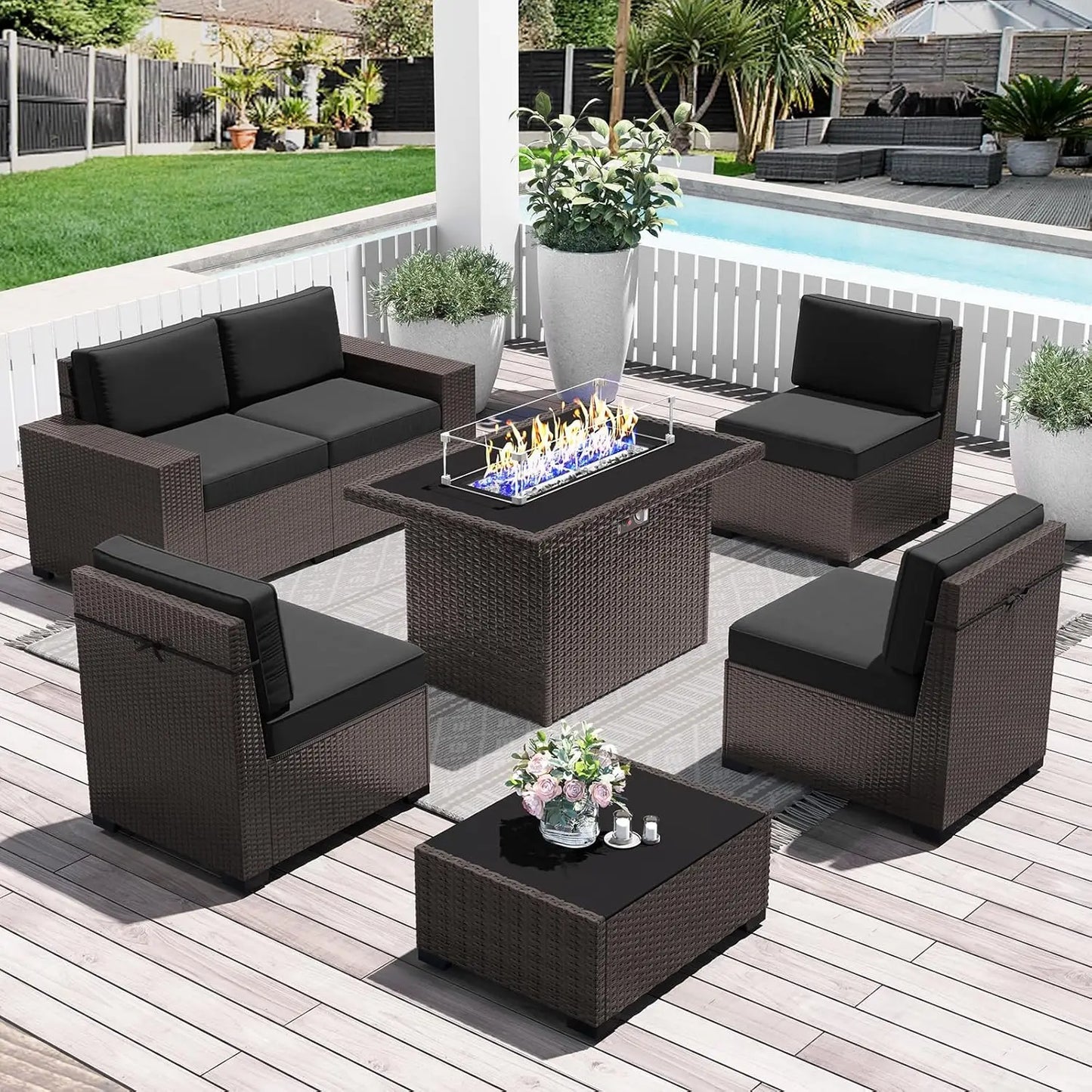 15 Piece Patio Furniture Set with Fire Pit Table, Outdoor Conversation Sets Wicker Rattan Sectional Sofa with Coffee Table