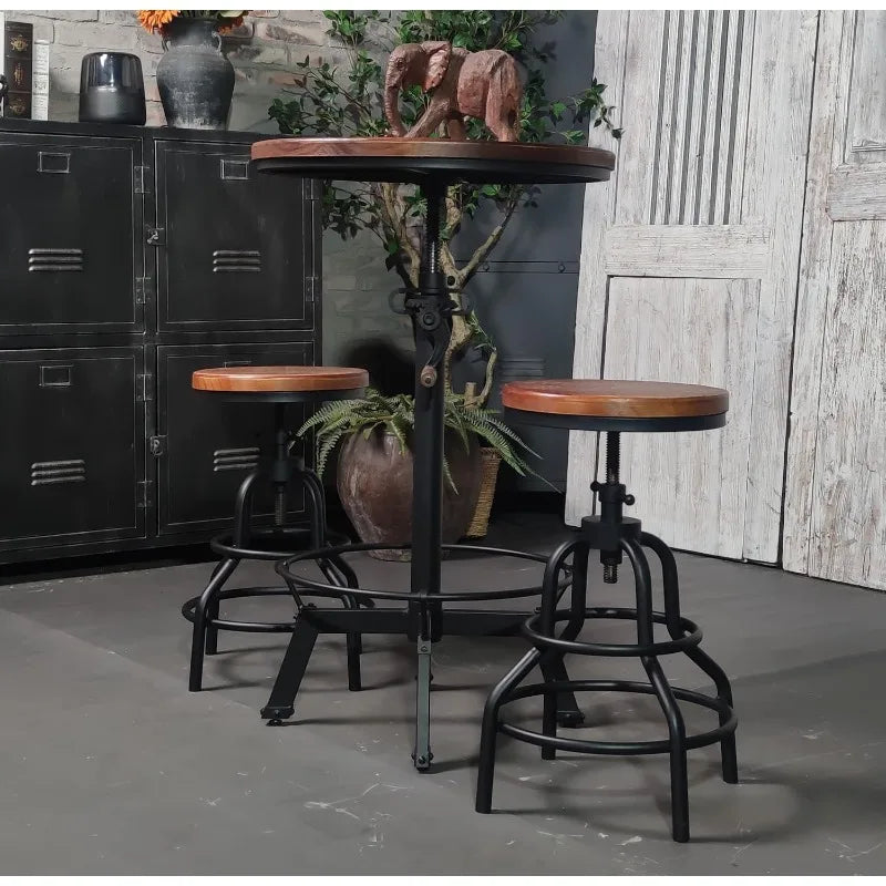 33.5-39.4 Inch Tall Industrial Bar Table-Adjustable Bar Height Bistro Whiskey Pub Table-23.7" Dia Swivel Round Wood Top Metal