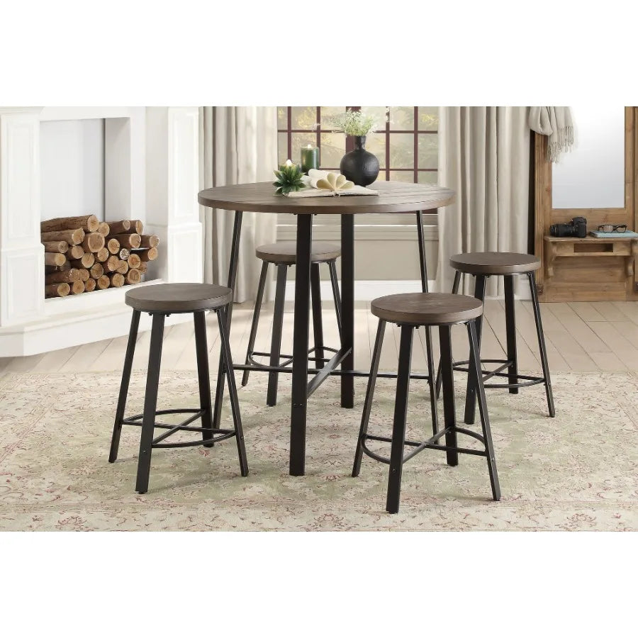 Rustic Industrial Style 5pc Counter Height Set Round Table and 4 Stools Gray Metal Finish Furniture