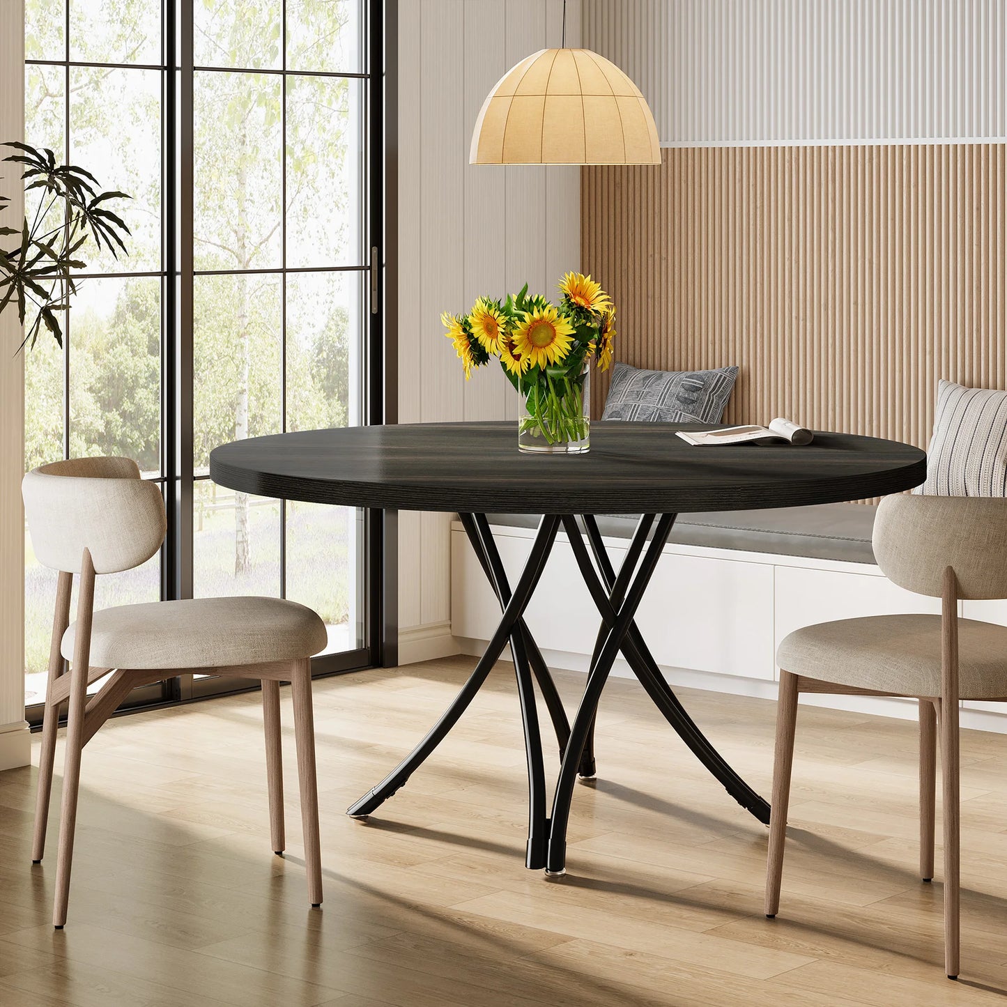 Tribesigns Round Dining Table, 46-Inch(118cm)Wood Kitchen Table with Sturdy Metal Base for 4-6 People,Rustic Brown