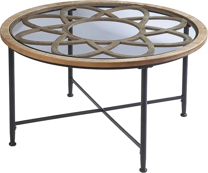 Elegant Round Coffee Table - Glass Top, Wood Trim, and Metal Base for Home Decoration