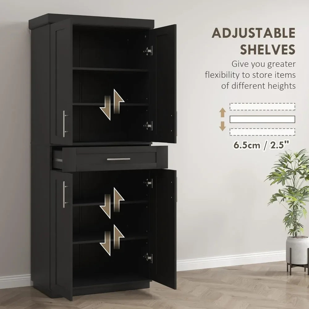 Kitchen Pantry Cabinet, Freestanding Tall Storage Cabinet with 4 Doors, Drawer and 3 Adjustable Shelves for Dining Room