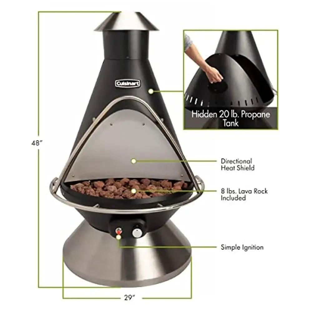 Chimenea Propane Fire Pit Patio Heater 40,000 BTUs 31"x31"x48" Stainless Steel Base Flame Safety Cut-Off 8 lbs. Lava Rocks