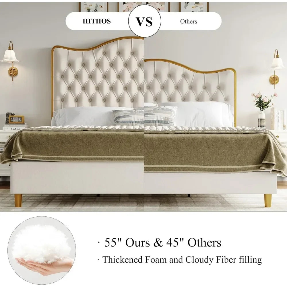 Queen/King Size Platform Bed Frame with 55" Tall Curved Headboard, Modern Velvet Upholstered Bed Frame with Deep Tufted Button