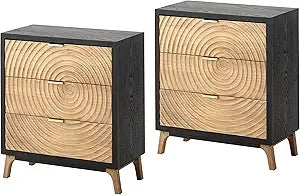 Farmhouse 3 Drawer Dresser with Handcrafted Wood Ring Motif, White Nightstand for Bedroom, Rustic & Natural, Fully Assembled, Bo