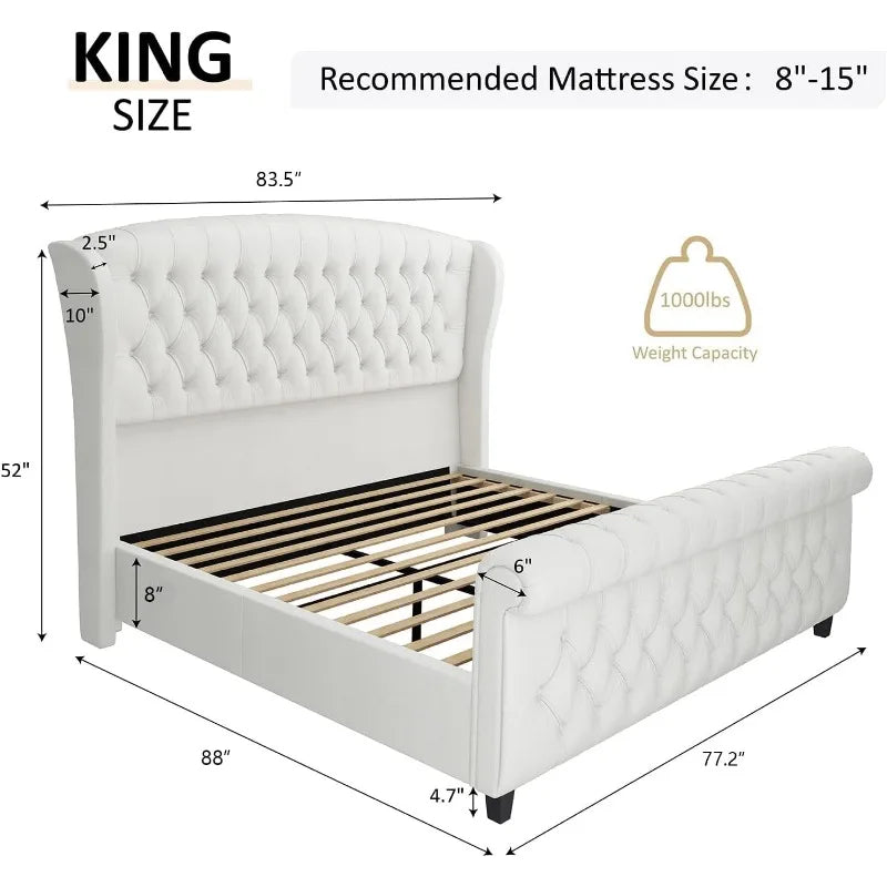 AMERLIFE King Size Platform Bed Frame, Chenille Upholstered Sleigh Bed with Scroll Wingback Headboard & Footboard/Button Tufted