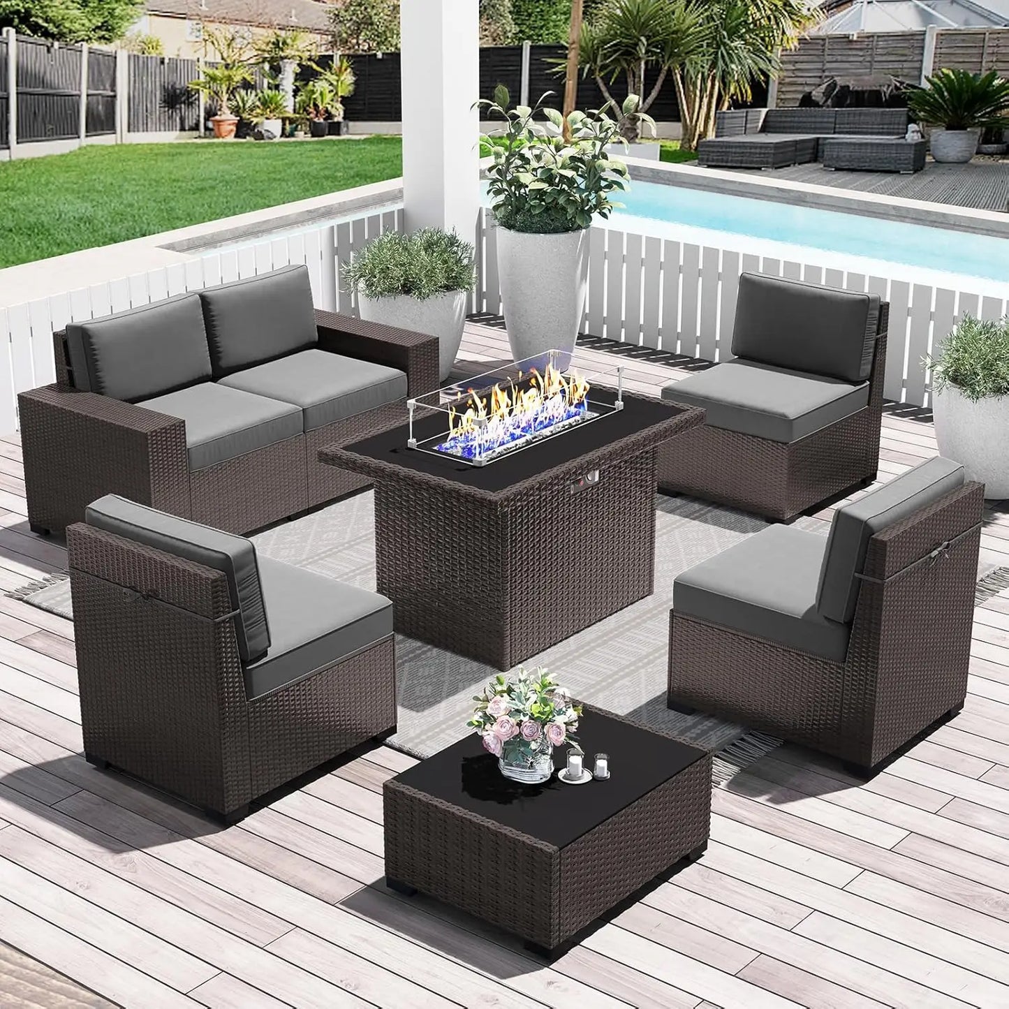 15 Piece Patio Furniture Set with Fire Pit Table, Outdoor Conversation Sets Wicker Rattan Sectional Sofa with Coffee Table