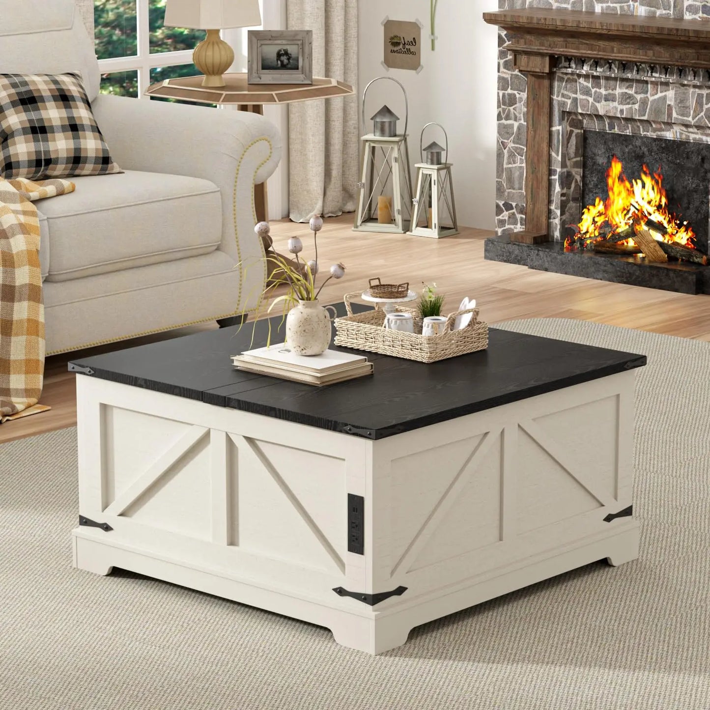 Vabches Lift Top Coffee Table with Storage Square Center Table with Power Outlet&Flip Top Lids Wood Coffee Table for Living Room