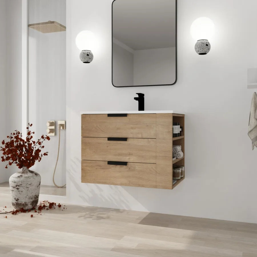 30 Inch Wall Mounting Bathroomg Vanity With Sink Soft Close Drawer and Side ShelfGBVB01430IMOGRB3020MOWH