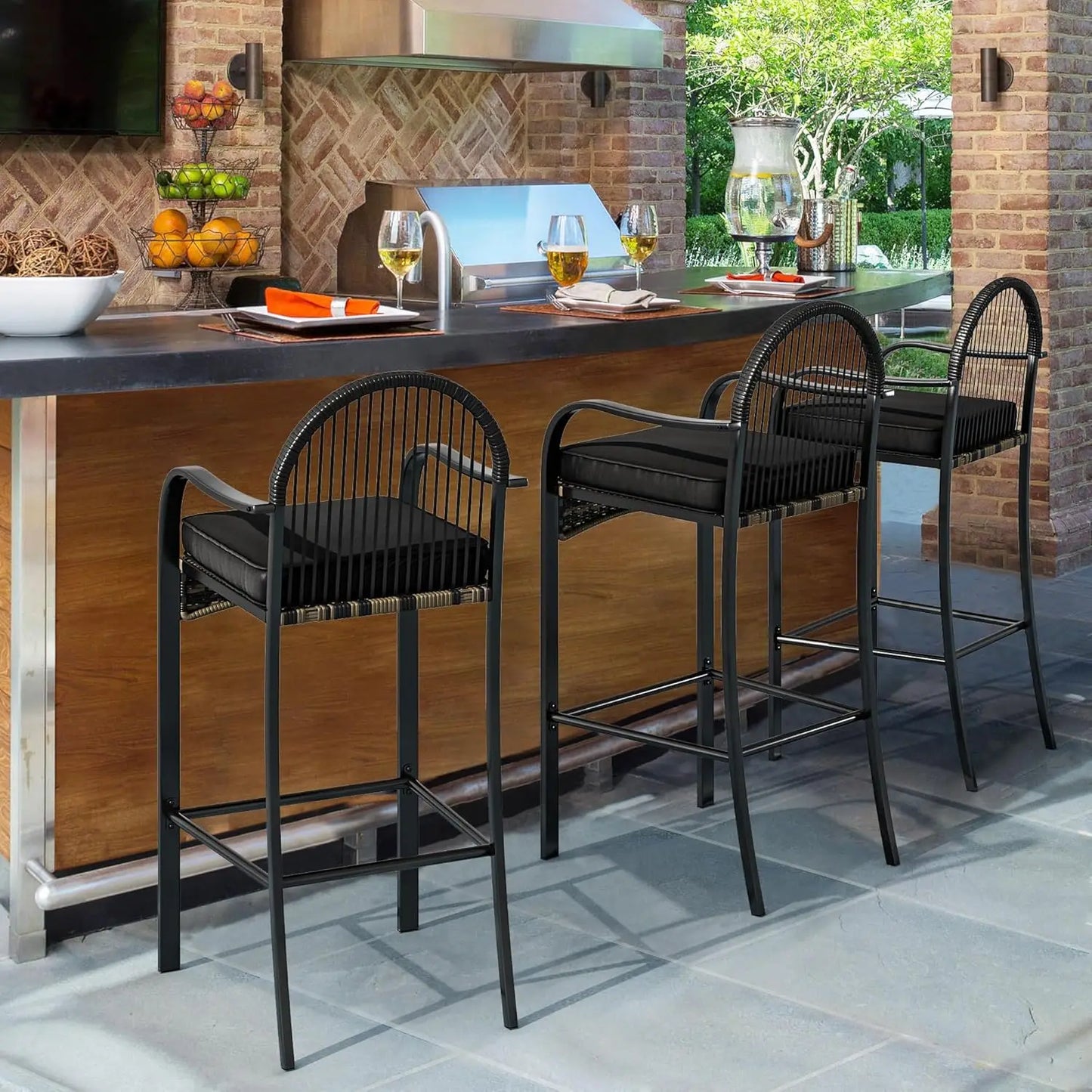 2025 NEW 3-Piece Outdoor Wicker Bar Height Set with Cushioned Barstools, Patio Bistro Furniture for Balcony and Poolside, Black