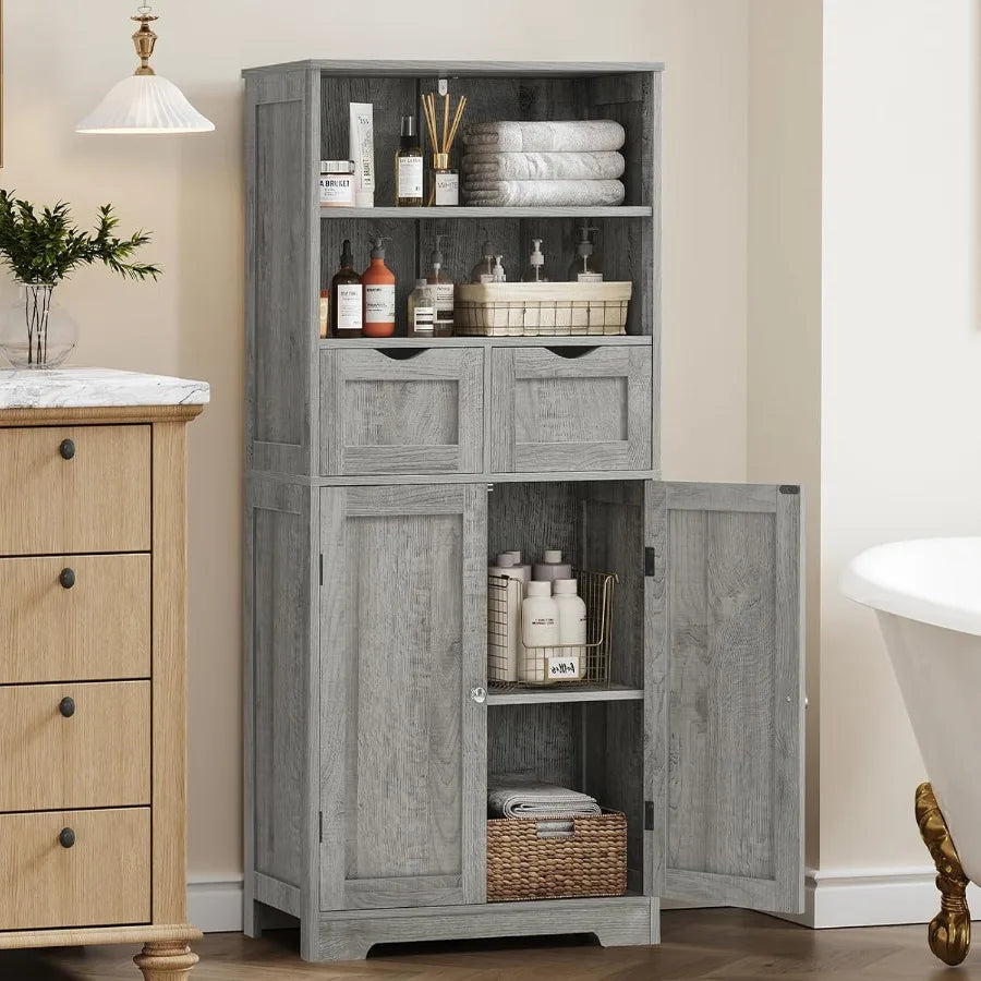 Tall Storage Cabinet with Adjustable Shelves Doors Bathroom Cabinet with 2 Drawers Cupboard for Living Room Dining Room Entrywa