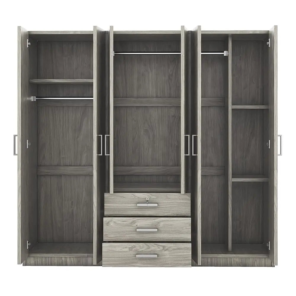 6 Door Armoire Wardrobe Closet With Big 3 Drawers, Wooden Freestanding Bathroom Armoire Cabinet With Shelves And Hanging Rod,