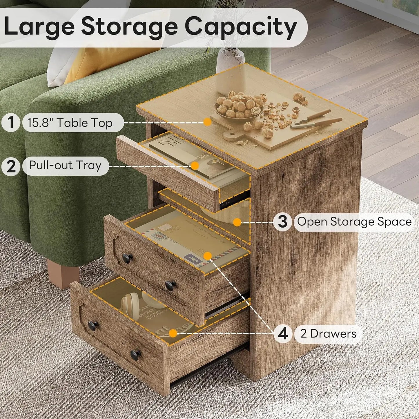 Night Stand, Modern Bedside Table with 3 Drawers, Open Shelf, End Table with Pull-Out Tray, Wood SideTable, Grey Oak