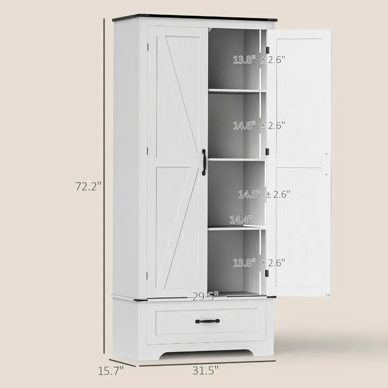 HOMCOM 72" Tall Farmhouse Kitchen Pantry Cabinet - Kitchen Storage Cabinet with Adjustable Shelves & 2 Barn Doors & Drawer