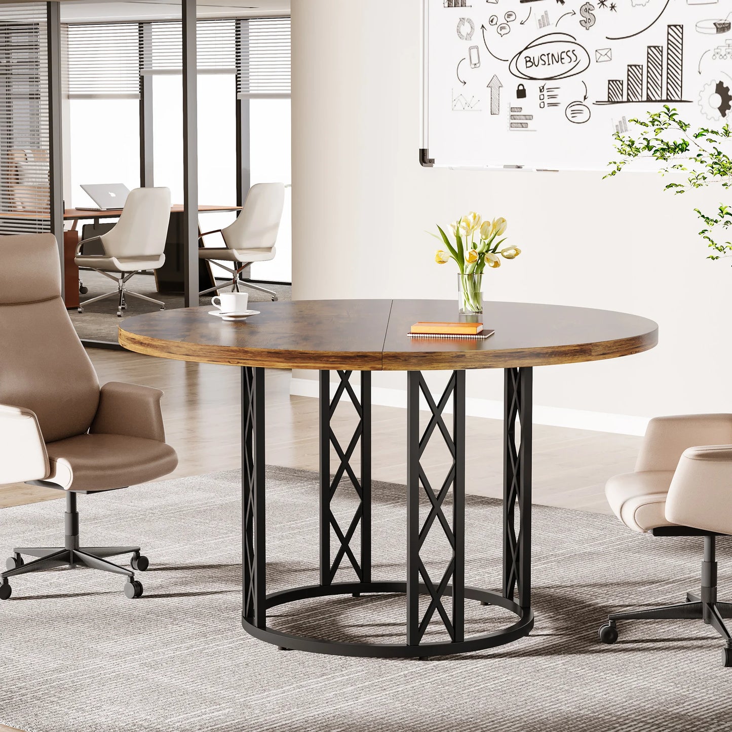 Tribesigns Round Dining Table, 46-Inch(118cm)Wood Kitchen Table with Sturdy Metal Base for 4-6 People,Rustic Brown