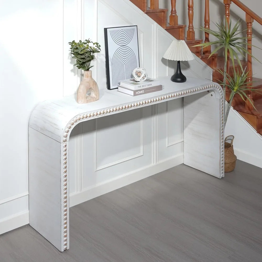 59" Modern White Table with Wood Beads, Rustic Wooden Entryway Table with Curved Waterfall-Style, Farmhouse Sofa Table Behind Co