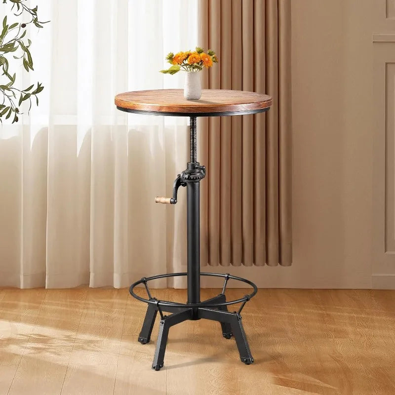 33.5-39.4 Inch Tall Industrial Bar Table-Adjustable Bar Height Bistro Whiskey Pub Table-23.7" Dia Swivel Round Wood Top Metal