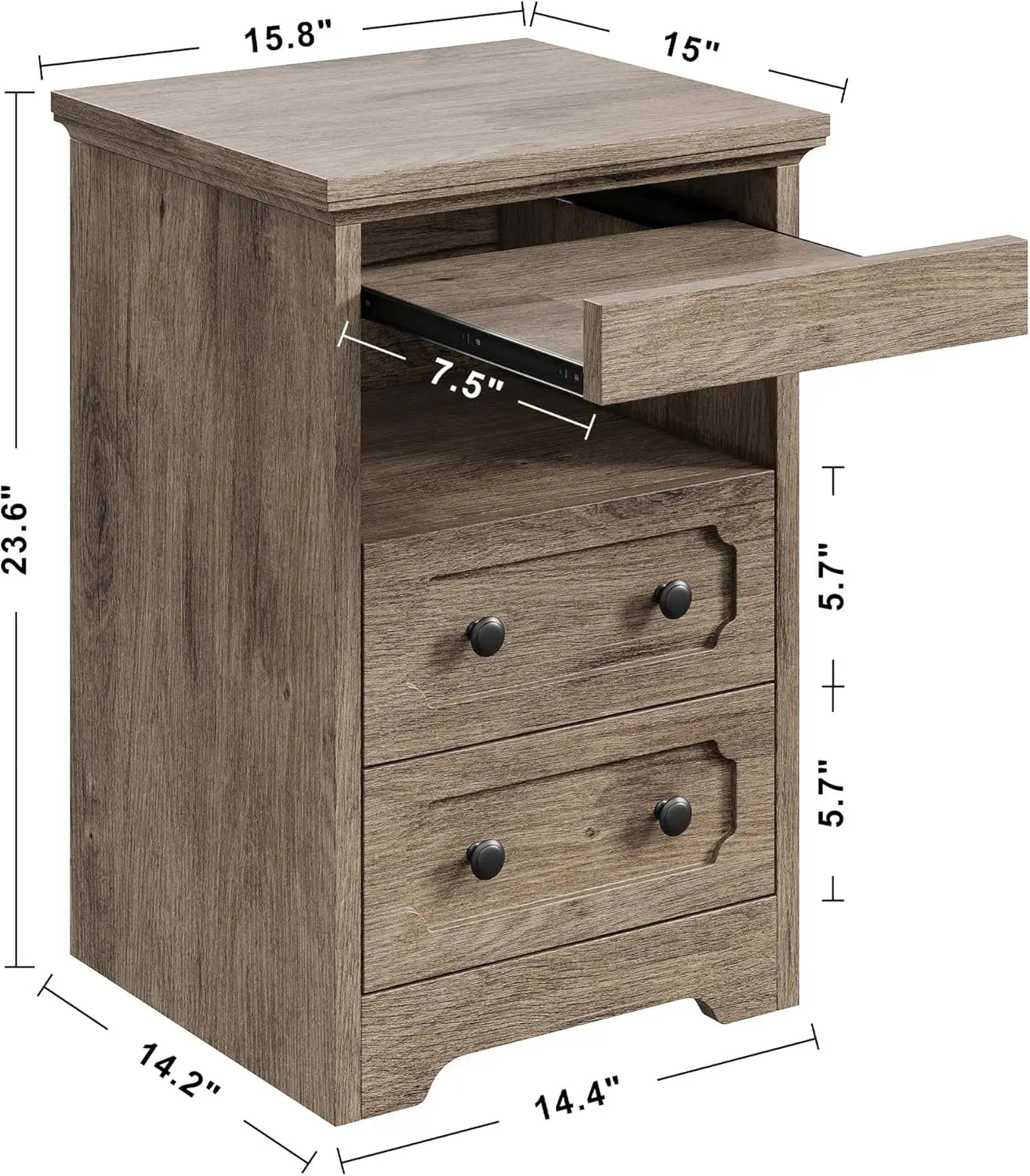 Night Stand, Modern Bedside Table with 3 Drawers, Open Shelf, End Table with Pull-Out Tray, Wood SideTable, Grey Oak