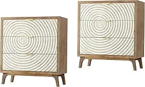 Farmhouse 3 Drawer Dresser with Handcrafted Wood Ring Motif, White Nightstand for Bedroom, Rustic & Natural, Fully Assembled, Bo