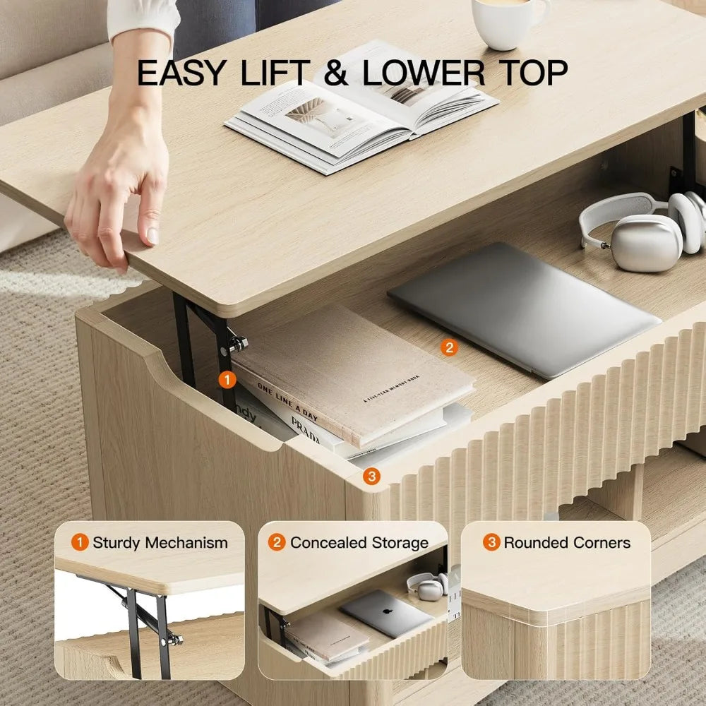 Amada Coffee Table Fluted Lift Top, 35.2" Wood Table with Storage Shelf & Hidden Compartment, Modern Rectangle Center Table
