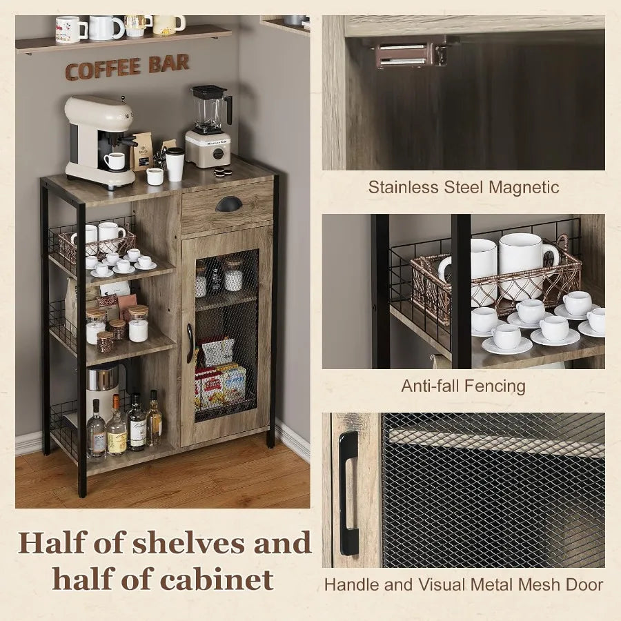 3 Tier Coffee Bar Table with Storage Drawer 35.8 H Adjustable Shelf Farmhouse Coffee Stand Station Table for Corner Kitchen Din