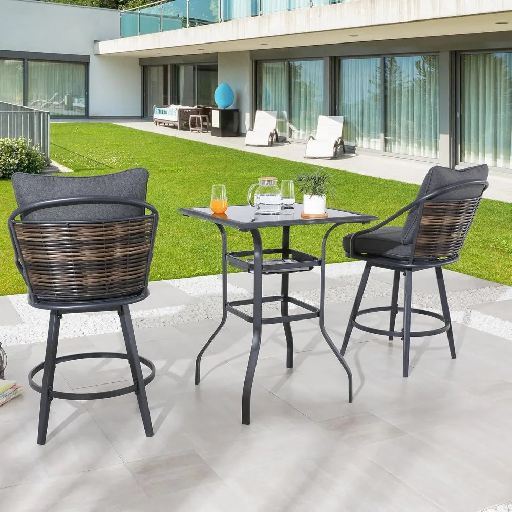 3Pcs Patio Bar Set Outdoor Black Glass Table with Metal Swivel Stools Grey Seat Cushion