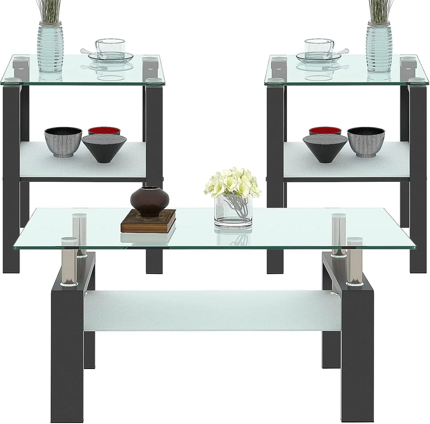 All Black Glass Coffee Table Set of 3 Piece, Living Room Set of 3 Pcs, Black Glass Coffee and End Sets