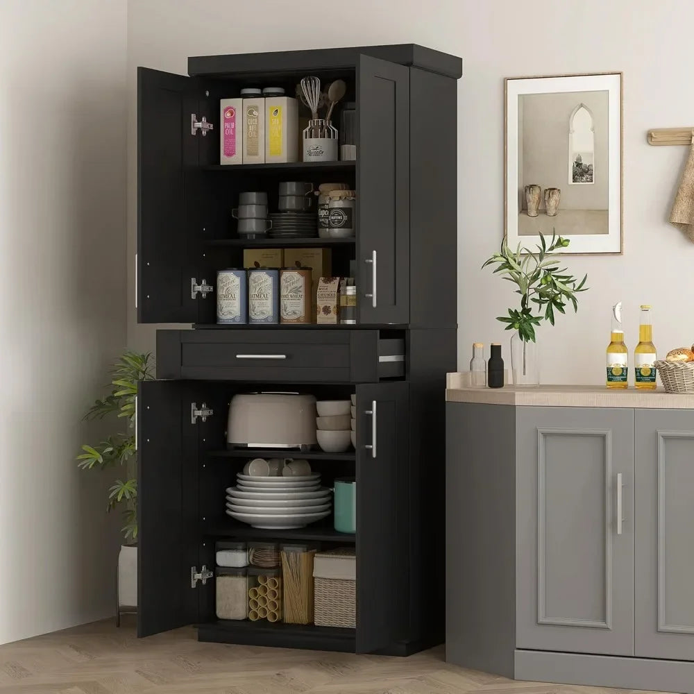 Kitchen Pantry Cabinet, Freestanding Tall Storage Cabinet with 4 Doors, Drawer and 3 Adjustable Shelves for Dining Room