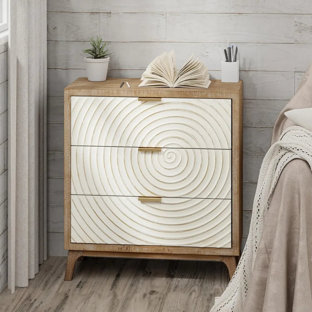 Farmhouse 3 Drawer Dresser with Handcrafted Wood Ring Motif, White Nightstand for Bedroom, Rustic & Natural, Fully Assembled, Bo
