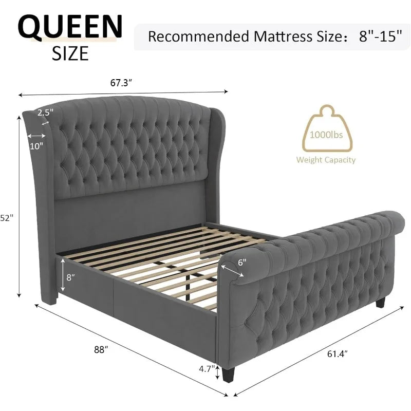 AMERLIFE King Size Platform Bed Frame, Chenille Upholstered Sleigh Bed with Scroll Wingback Headboard & Footboard/Button Tufted