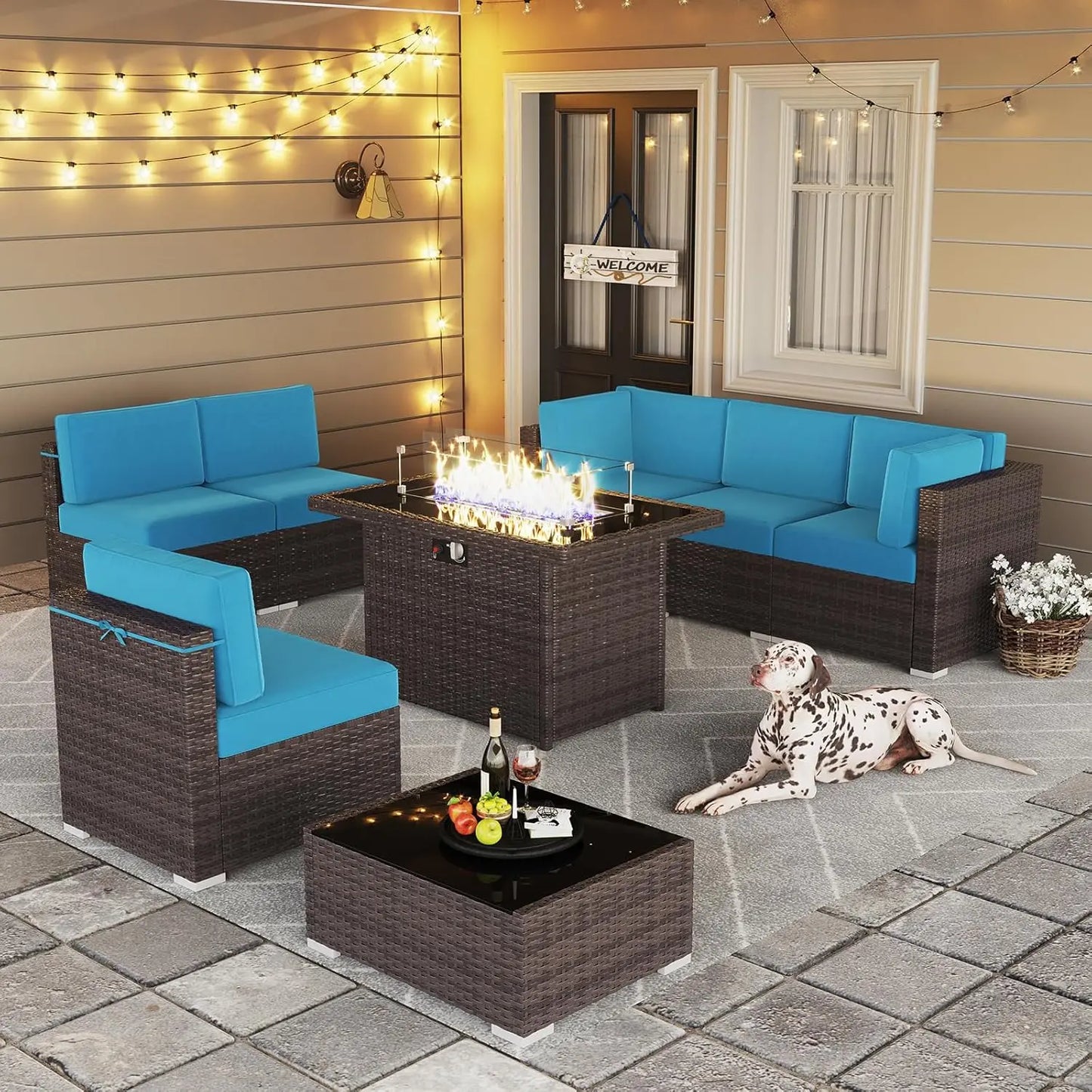 15 Piece Patio Furniture Set with Fire Pit Table, Outdoor Conversation Sets Wicker Rattan Sectional Sofa with Coffee Table