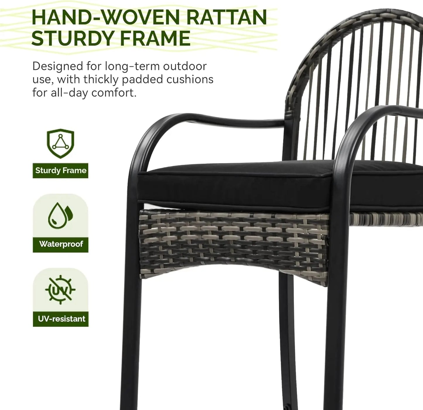2025 NEW 3-Piece Outdoor Wicker Bar Height Set with Cushioned Barstools, Patio Bistro Furniture for Balcony and Poolside, Black