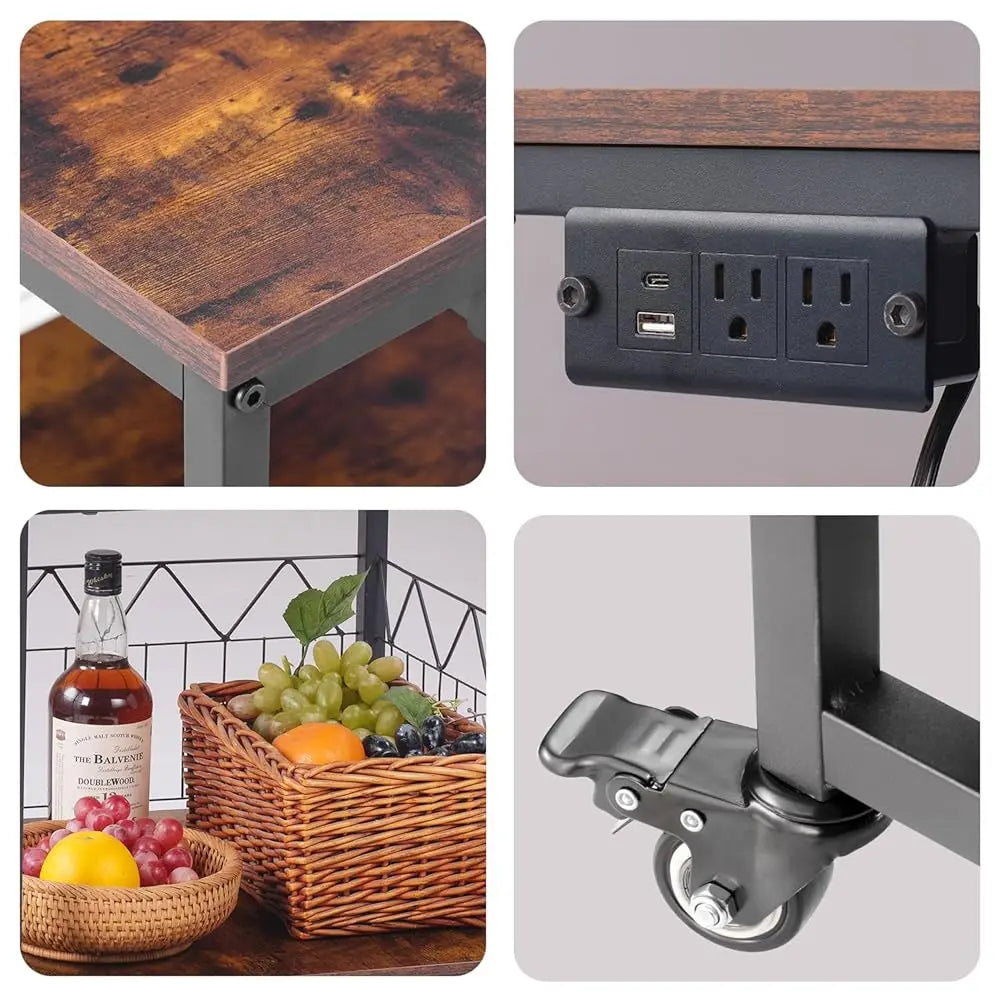 Kitchen Island Cart With Power Outlet, Mobile Coffee Bar & Microwave Stand With Space For Small Refrigerator For Dining Room,