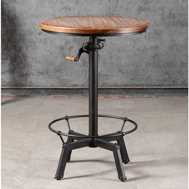 33.5-39.4 Inch Tall Industrial Bar Table-Adjustable Bar Height Bistro Whiskey Pub Table-23.7" Dia Swivel Round Wood Top Metal