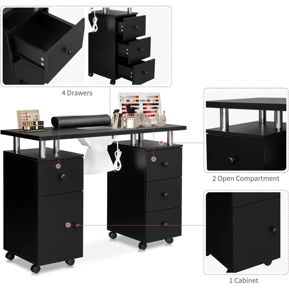 Manicure Tables Desk for Nail Tech Nail Table Beauty Salon Tech Station w/Electric Downdraft Vent Wheels Cushion Manicure Table