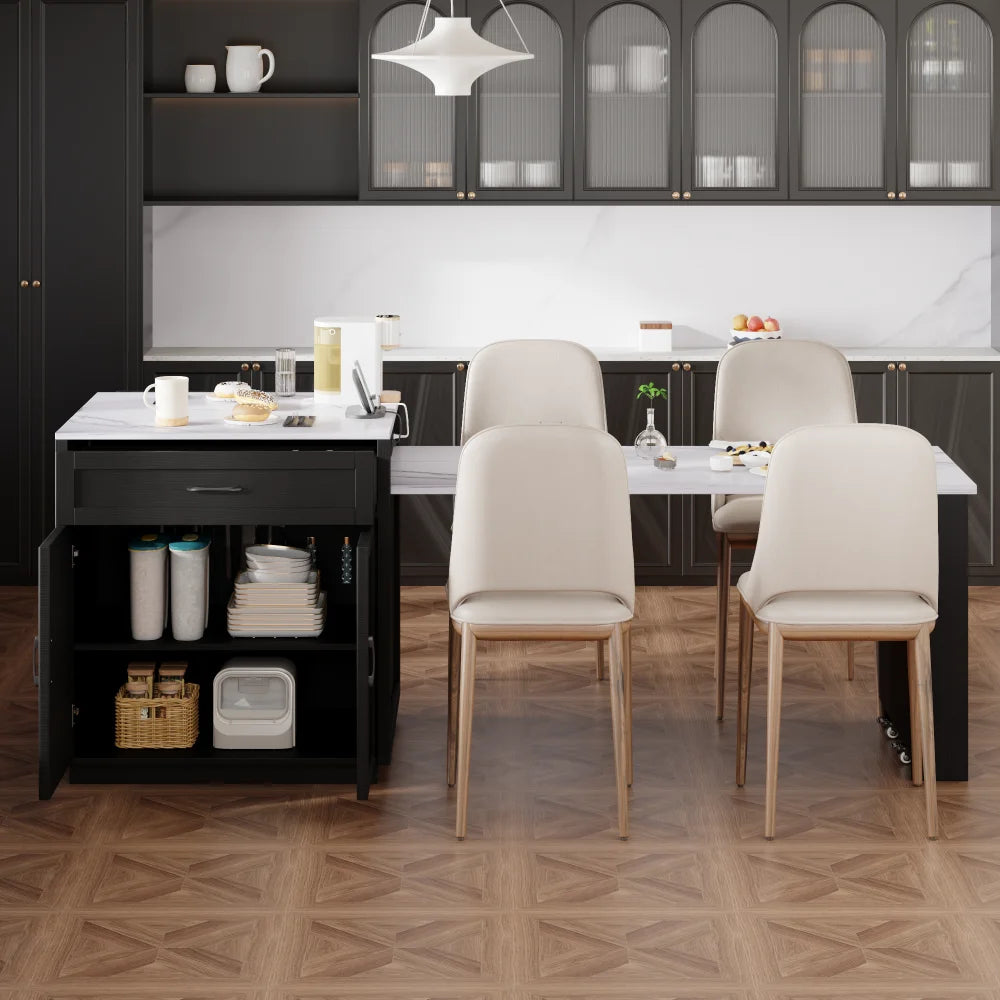 82.7 inch Kitchen Island with Extendable Dining Table for 4-6 Person,Faux Mable Kitchen Table with Double-sized Storage,Power