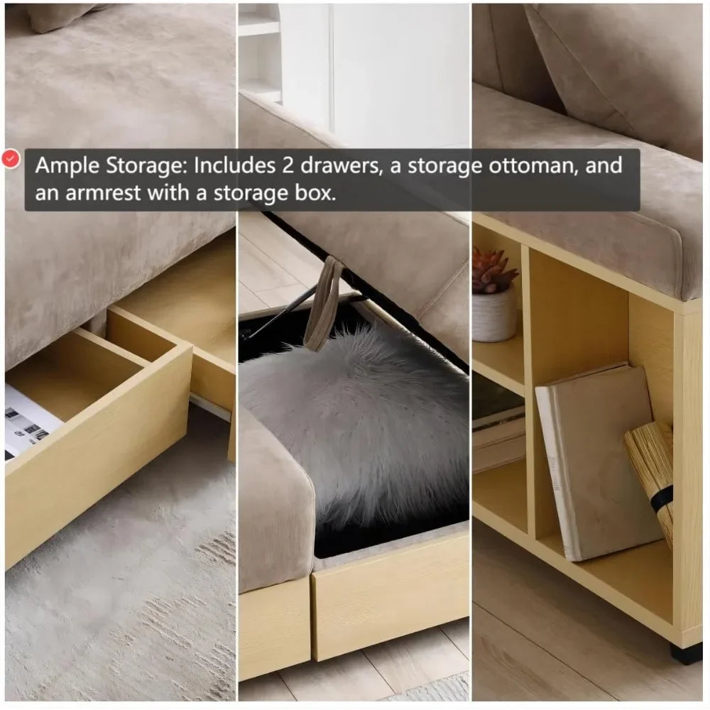 Sofa 84.65" Convertible Sofa Bed with Storage Ottoman, Adjustable Armrest & Coffee Table - Perfect for Small Apartments, 2 Drawe