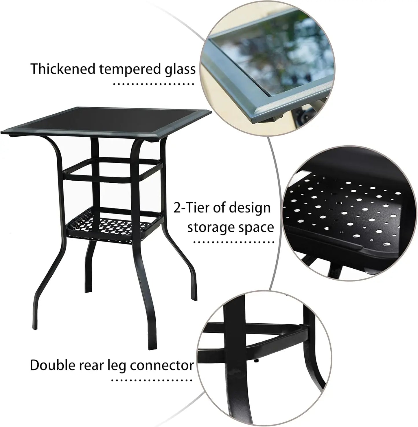 High Outdoor Patio Bar Height Glass Top Table, Black