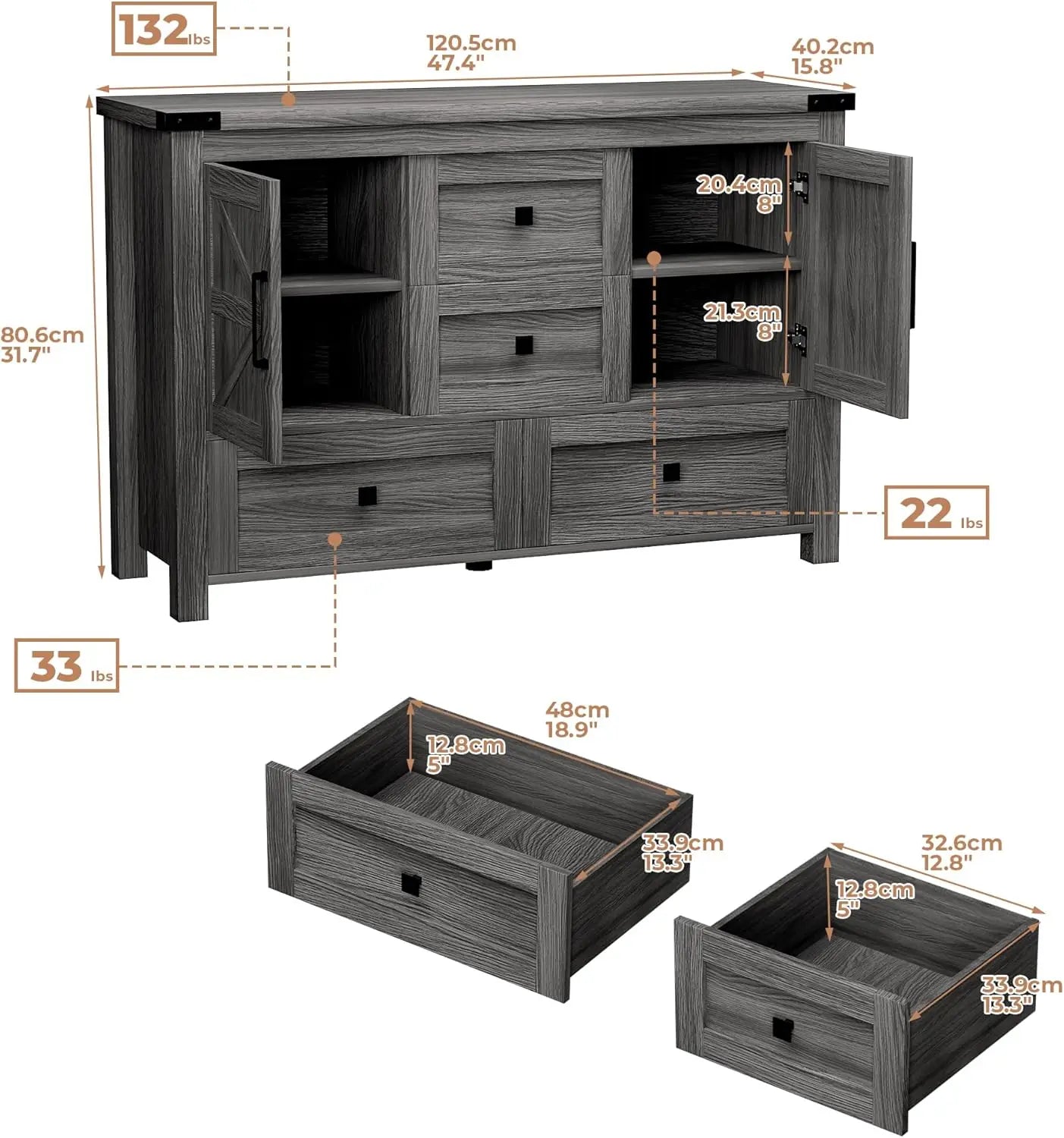 Farmhouse Grey Dresser for Bedroom with 4 Drawers and 2 Barn Doors Grey Wood Chest of Drawers 47 Inch Wide Large Long Adjustable