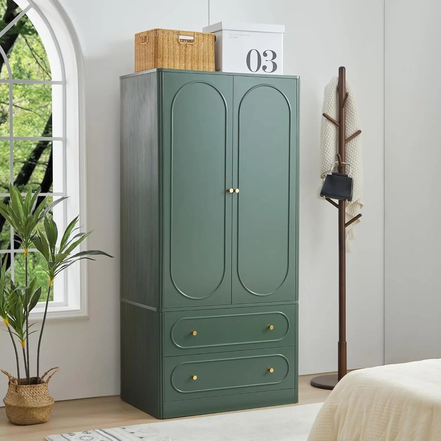 Fluted Freestanding Armoire Wardrobe Closet with 2 Doors and 2 Storage Drawers, Large Capacity Wardrobe Cabinet