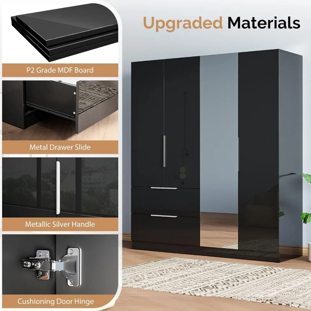 72.8" H Armoire with Mirror, 4 Door & 2 Drawers, Freestanding Wardrobe Closet for Bedroom, Wardrobes
