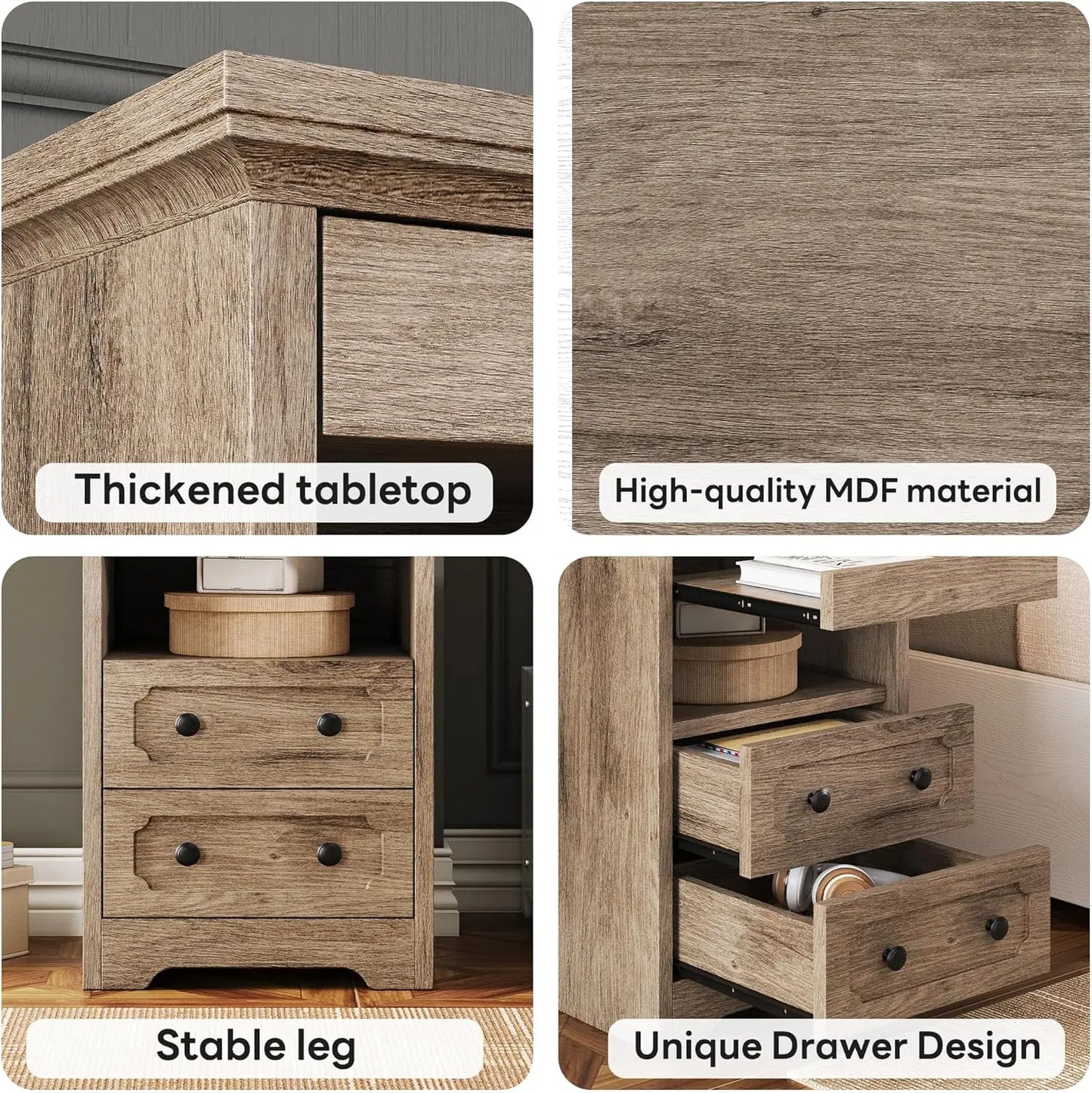 Night Stand, Modern Bedside Table with 3 Drawers, Open Shelf, End Table with Pull-Out Tray, Wood SideTable, Grey Oak
