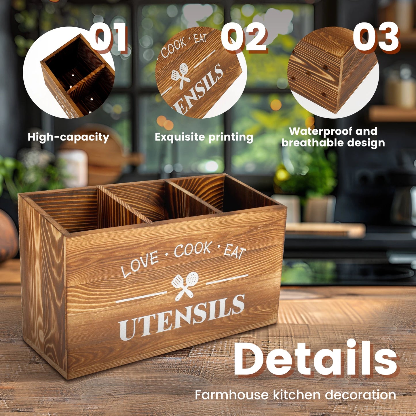 Kitchen Countertop Organizer and Cooking Tools Storage Wooden Kitchen Utensil Holder 3 Compartments Sturdy Silverware Holder