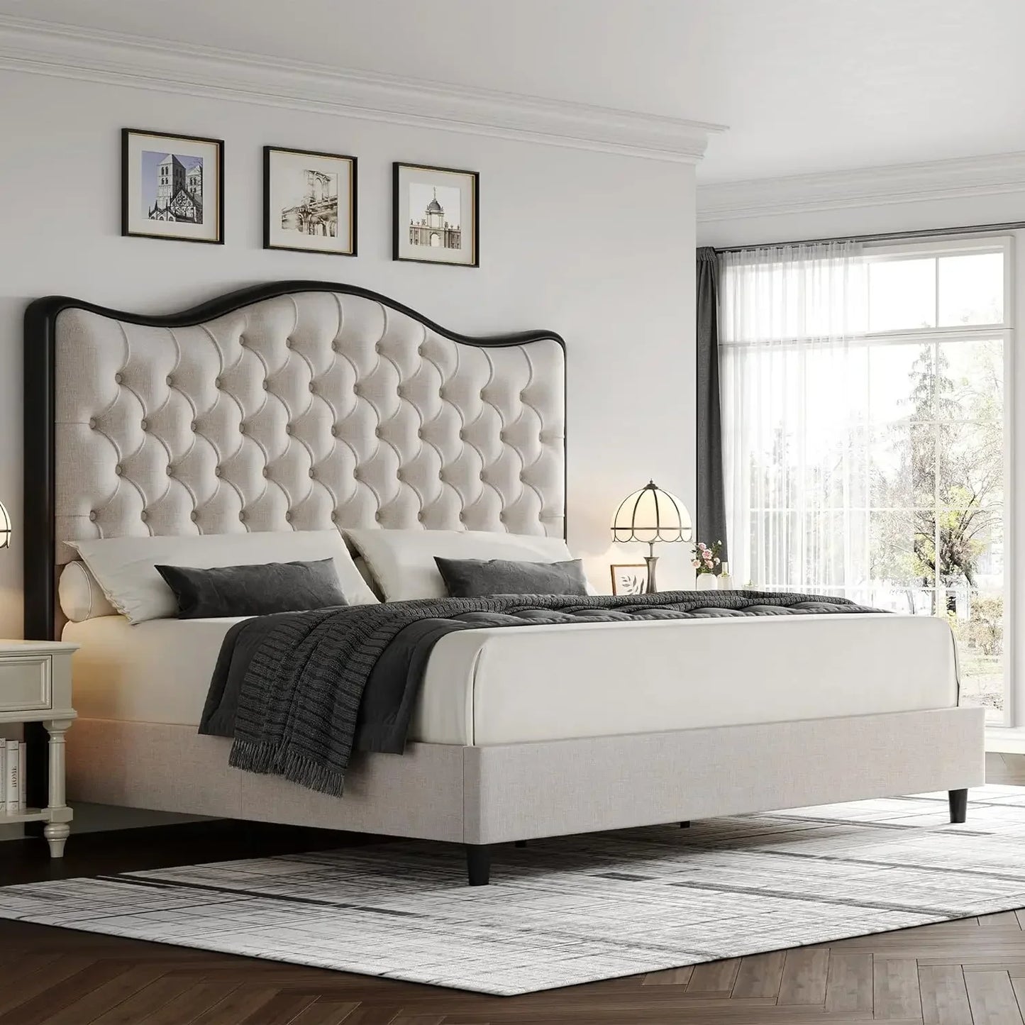 Queen/King Size Platform Bed Frame with 55" Tall Curved Headboard, Modern Velvet Upholstered Bed Frame with Deep Tufted Button