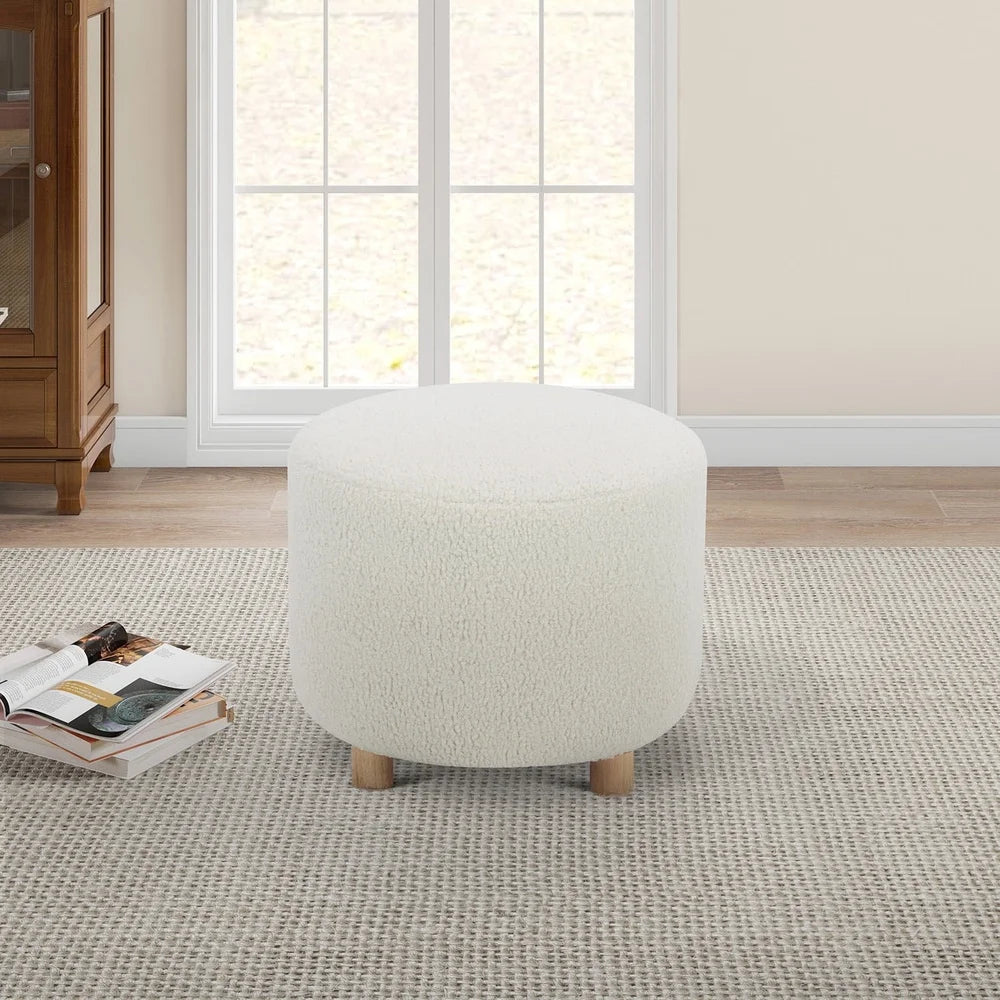 Modern Round Ottoman Faux Sherpa Soft Plush Indoor Furniture Solid Hardwood Legs Easy Assembly High Density Foam Comfortable